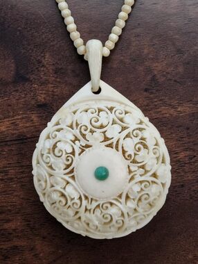 Antique Carved Organic Material Delicate Pendant Necklace